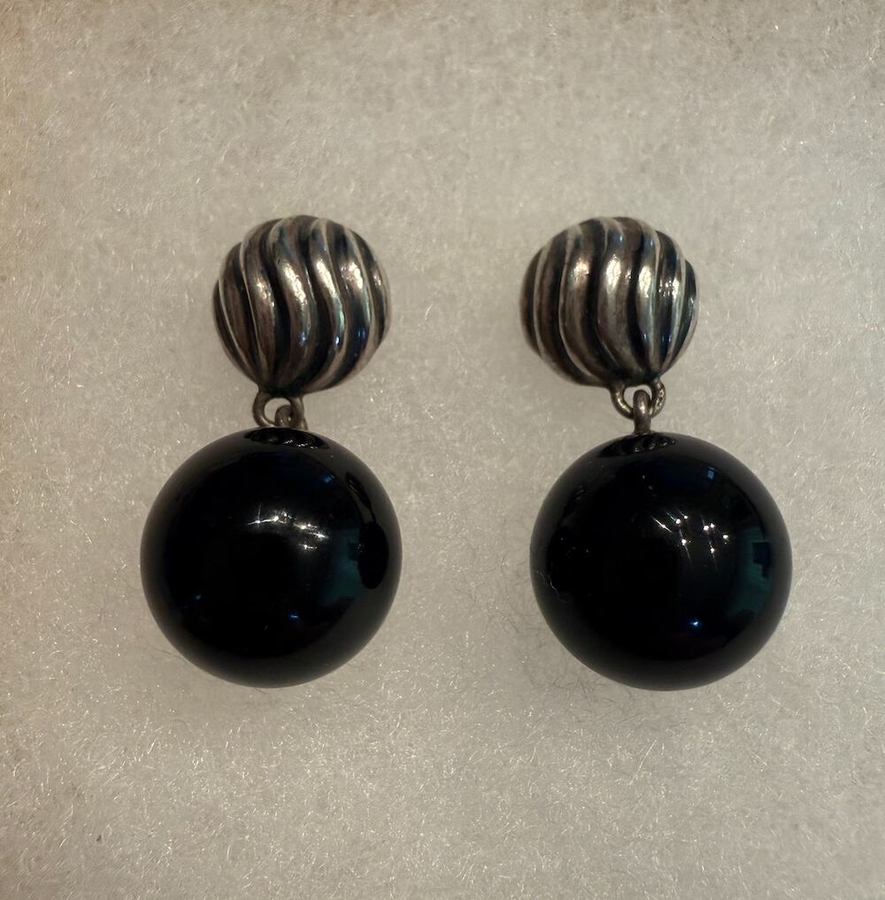 Auth David Yurman Sterling Silver Fluted Cable Black Onyx Bead Drop Earrings